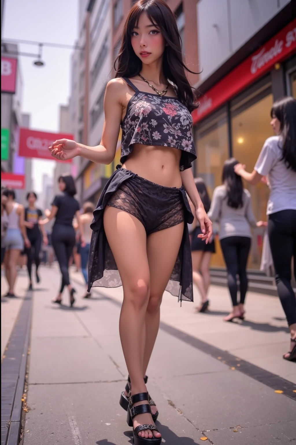 24-year-old woman、Cool beauty feeling、Hair color is black、Eye color is dark brown、Longhaire、Straight hair、My abs are cracked、I can see the belly button、Slender but well-proportioned muscular man、a smile、I&#39;m wearing a necklace、accessories on wrist、a smile、wearing a lace choker、wearing hoodies、wearing a stadium jumper、I&#39;m in a back alley in the downtown area、squatting to the side、Wearing athletic shoes