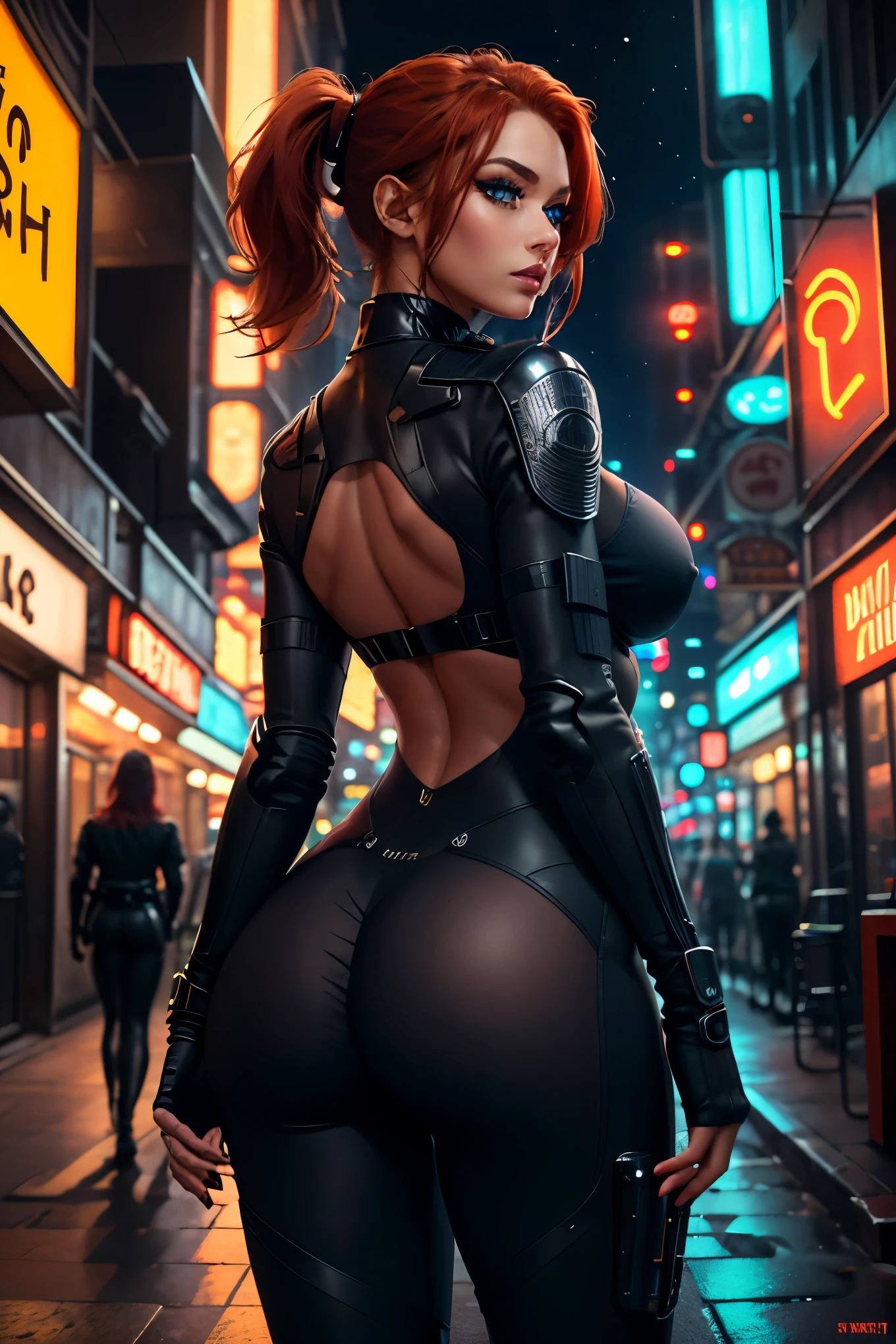 ,(best quality, masterpiece), ((1 Woman)), beautiful Woman, ((blue eyes)), (([Red] hair, [Ponytail] hair)), ((Large breasts)), ((Cleavage)), Fitness Butt, realistic, narrow waist, charming, Black makeup, Smoky eye shadow, Dark Eyeliner. long eyelashes, ((Tanned Skin)), (detailed face), detailed eyes, detailed iris, Black Bodysuit, Red Body Armor, Skintight Bodysuit, Full Body Suit, Sci-fi, Sci-fi City, Laser Rifle, Futuristic laser weapon, covered_nipples,no_bra, Dark City, At Night, Neon SIgns, From Behind