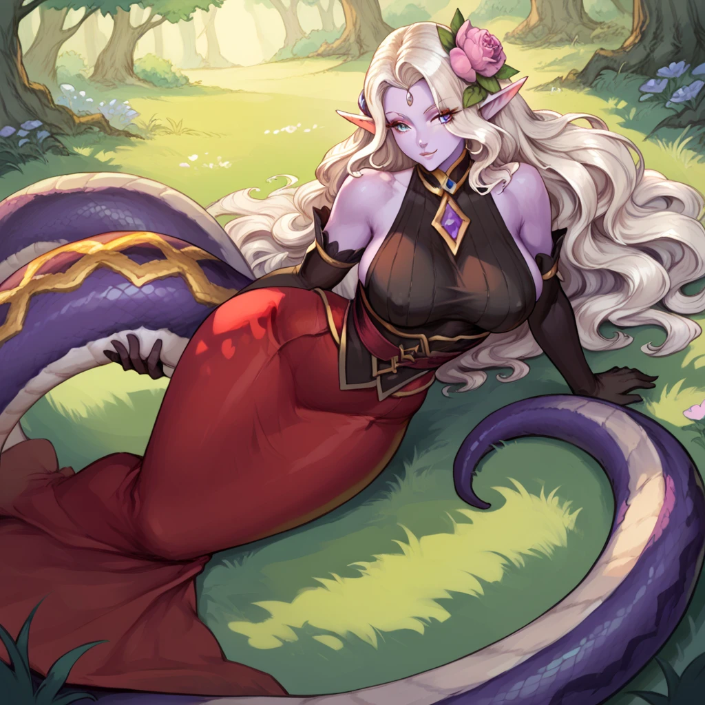 alipheese fateburn xvi, lamia, colored skin, flat chest <lora:Alice-MGQ-V1-000007:1>, outdoors, rivers, clouds, night, stars, mountains