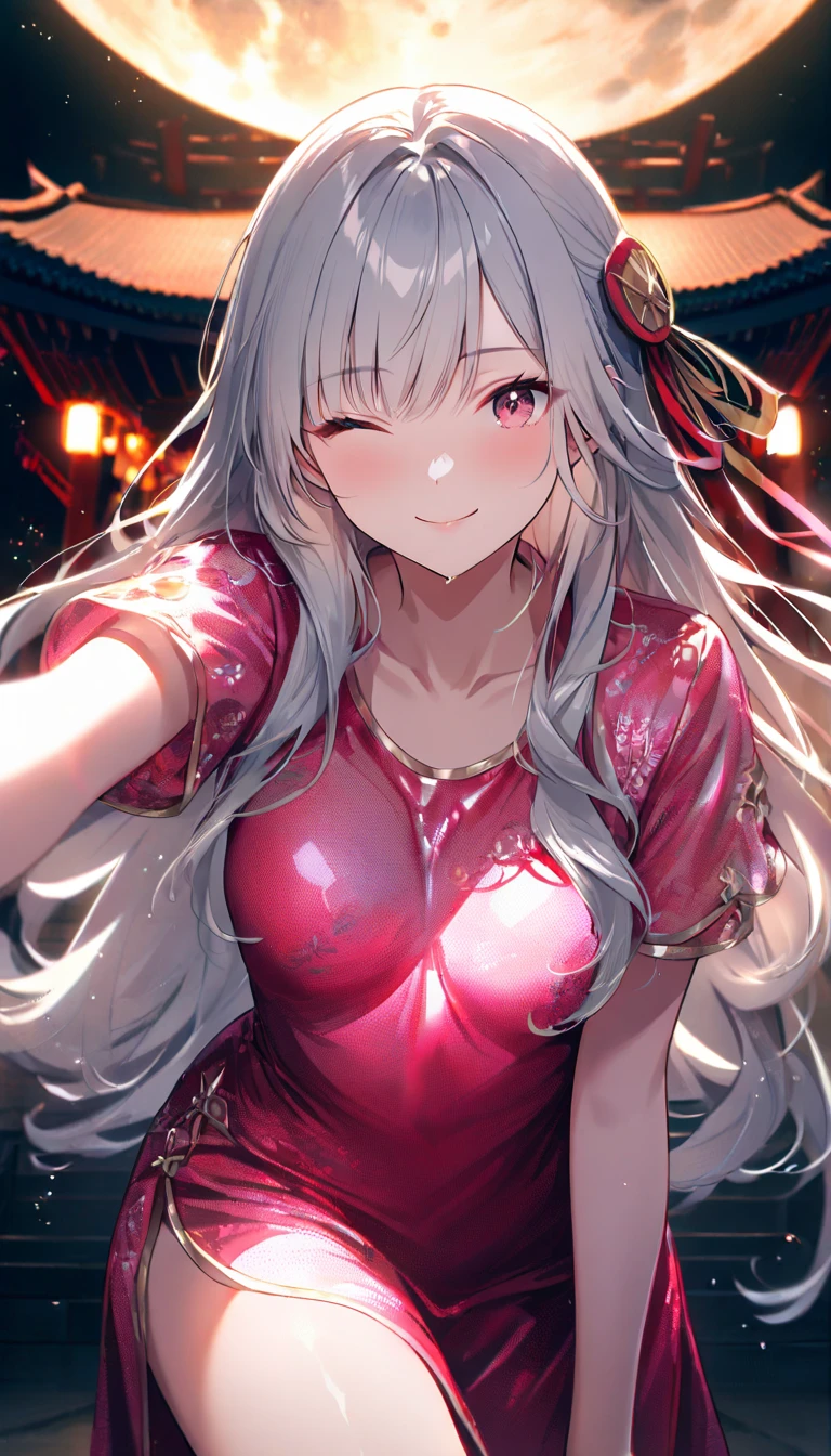 ((Highest quality、masterpiece、Anime Style、Highest quality、High resolution、8k、detailed、ultra-detailed:1.3))、Long legs、Sharp focus:1.2, Beautiful woman with perfect figure:1.4、(smile:1.2), double eyelid、30-year-old woman、Sexy pose、((((Shut your mouth.、One Woman、Chinese clothing:1.5)))),The background is another world