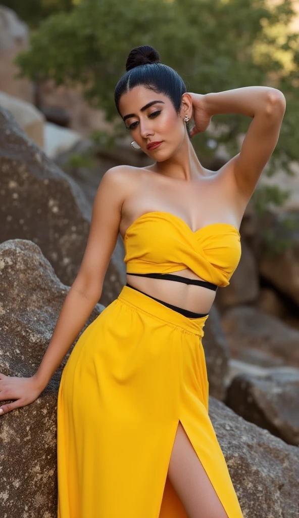 (((high quality:1.2))), Work of art, (8k), extremely detailed, ((High detail:1.2)) ((best resolution)), (Hotlexi woman), Solo, 24 years old Lebanese female, (strapless crop top open belowboob, mini-shorts),