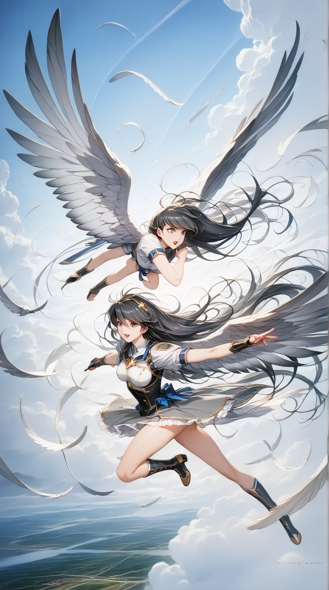 Dream concept, female angle, beautiful face and wings, in cloudy atmosphere,