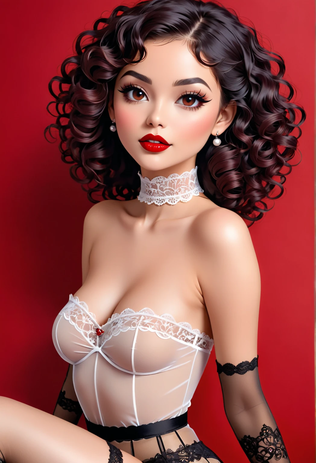 black woman, Brazilian, short curly black hair, 30 years old, wearing redmão garter belt, with lace, cabaret mask, logo "Cabaré da vivi", ultra realistic, rich in details of the time, live cabartet