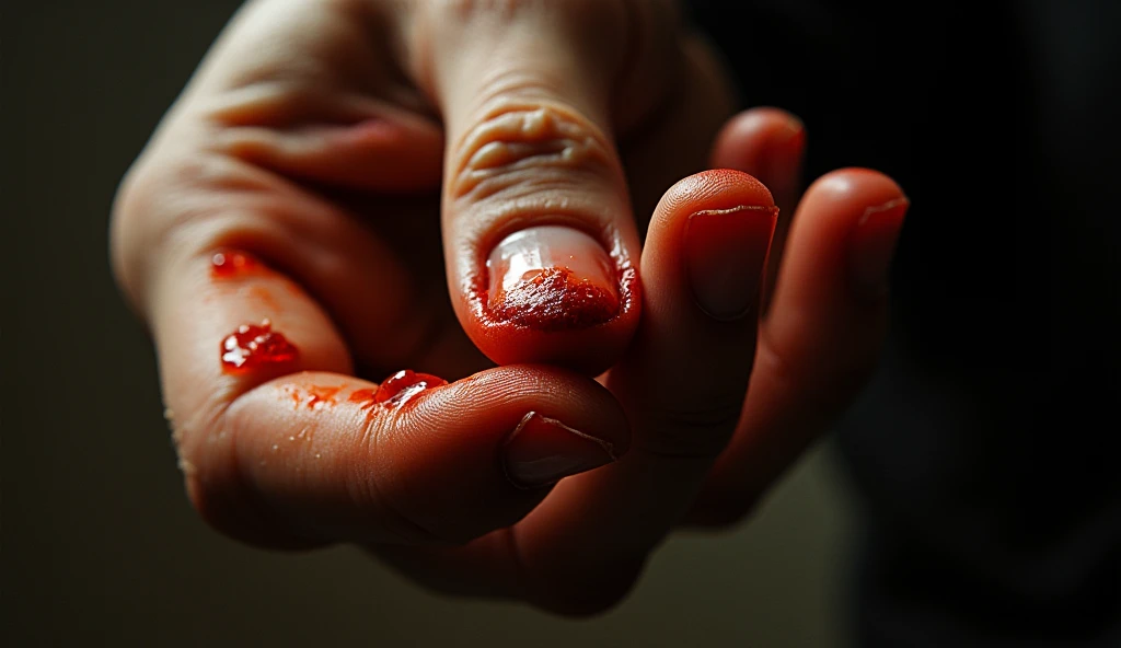 A close-up photograph of a hand with severe, ragged wounds, capturing the aftermath of a traumatic incident. The hand is covered in deep lacerations, blood seeping from the torn flesh. The lighting is harsh, casting dramatic shadows and highlighting the grisly details of the injuries. This image conveys a sense of urgency and the immediate aftermath of a catastrophic event.