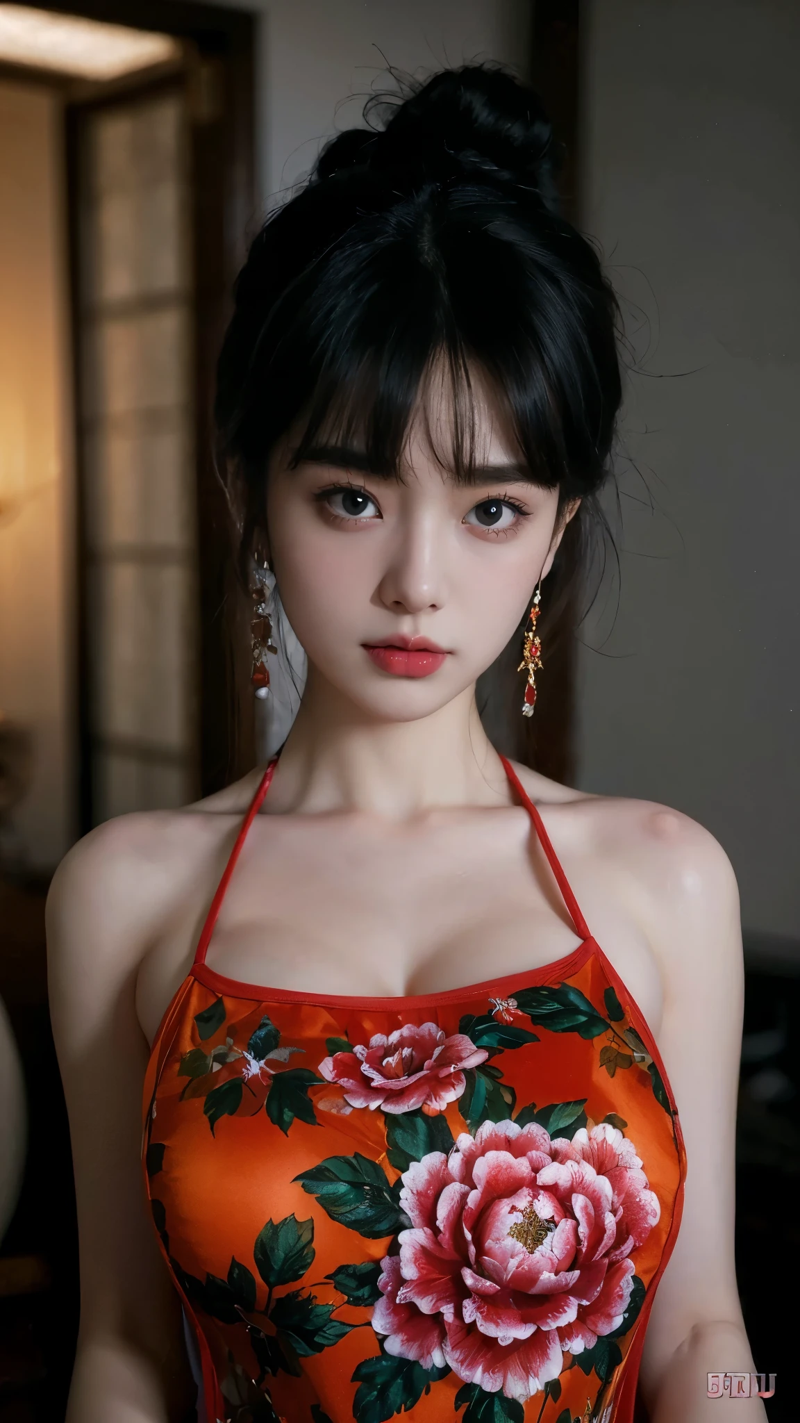 top-quality, ​masterpiece, hight resolution, 1girl, beautiful and flawless face, bob cuts, Maxi dress, intricate-detail, Cinematic feel, 8K, ighly detailed、Camellia red flowers