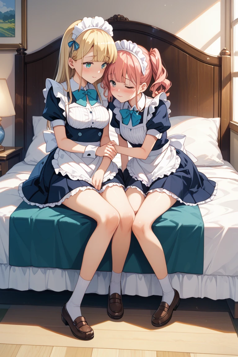 ((masterpiece)), ((best quality)), ((highly detailed)), (original), ((delicate background)), ((extremely detailed 8K wallpaper)), sweet, depth of field, BREAK maid, ((classic maid clothes)), ((scanty clothing)), lots of frills, ((huge breasts)), BREAK curly hair, faint pink hair, short hair, BREAK ((heart-shaped eyes)), pink eyes, tongue out, blush, sweating, BREAK 1girl, solo, cute girl, , shiny skin, BREAK full body shot, sitting on the bed, looking at the viewer,