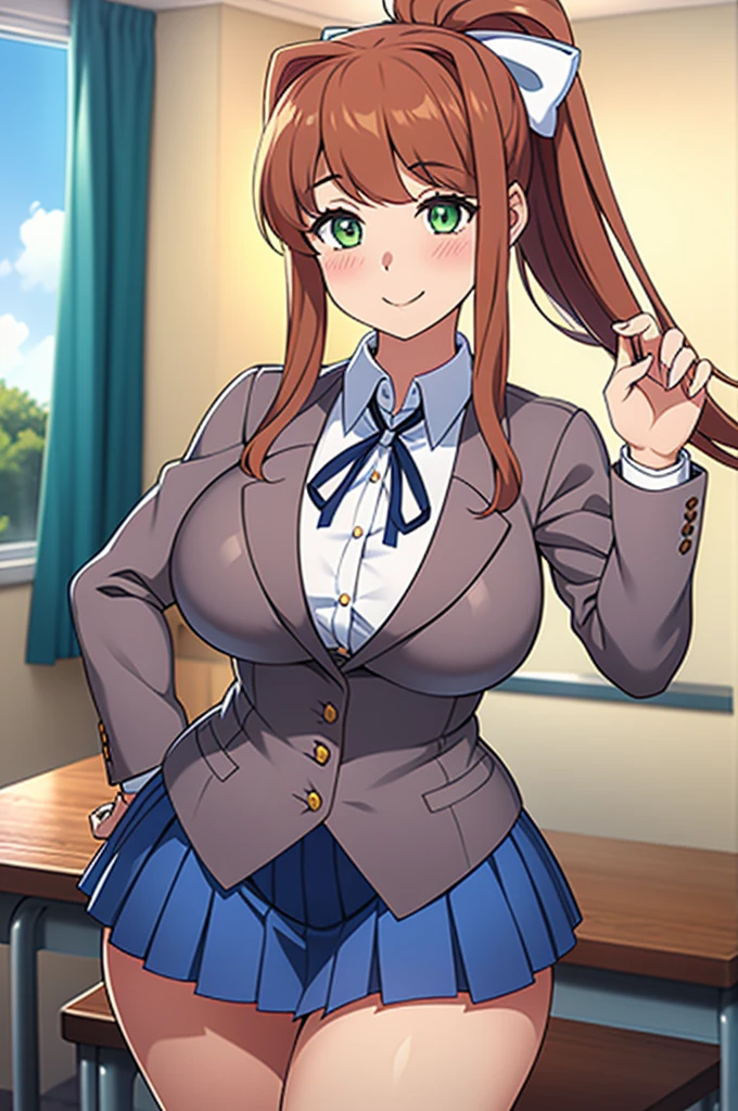 Masterpiece, high quality, best quality, beautiful, HD, perfect lighting, detailed face, detailed body, ultra cute face, cowboy shot, ((1girl)), ((solo)), cute pose, (Monika),

 brown hair, green eyes, very long hair, ponytail, (white bow), blazer, brown sweater, collared shirt, neck ribbon, blue skirt, school classroom, looking at viewer

sweet smile, affectionate, medium breasts, perky breasts, wide hips, (thick thighs), arms behind back,