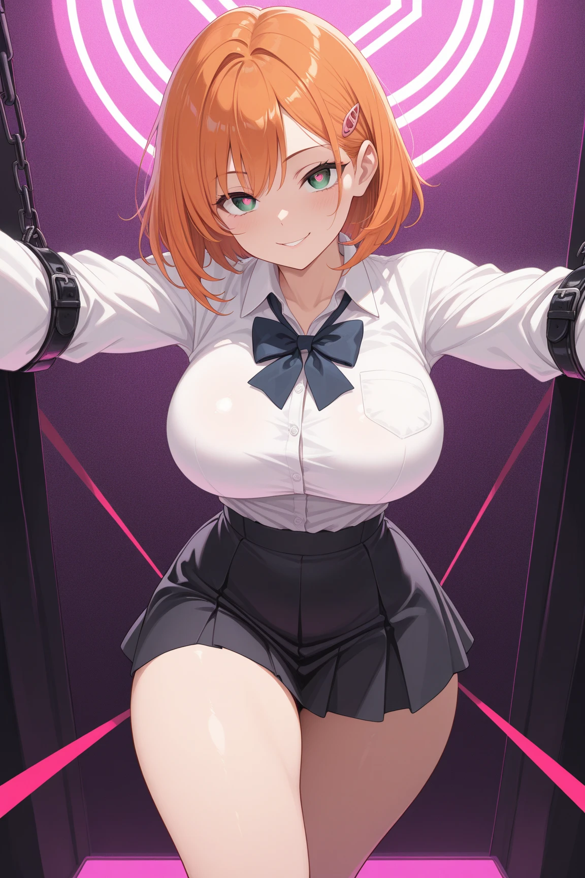 ((masutepiece, Best Quality, hight resolution, nffsw, Perfect Pixel, depth of fields, 4K, )), 1girl in, Solo, , Beautiful anime girl, Beautiful Art Style, close up, Looking up at Viewer, Perfect body, Yuigahama Yui, Short hair, single hair bun, pink hair, (large boob), Full face blush, Smile, thighs thighs thighs thighs, reverse bunnysuit, red bowtie, nipples, bent over, white background, shot from above, sitting, Focus,