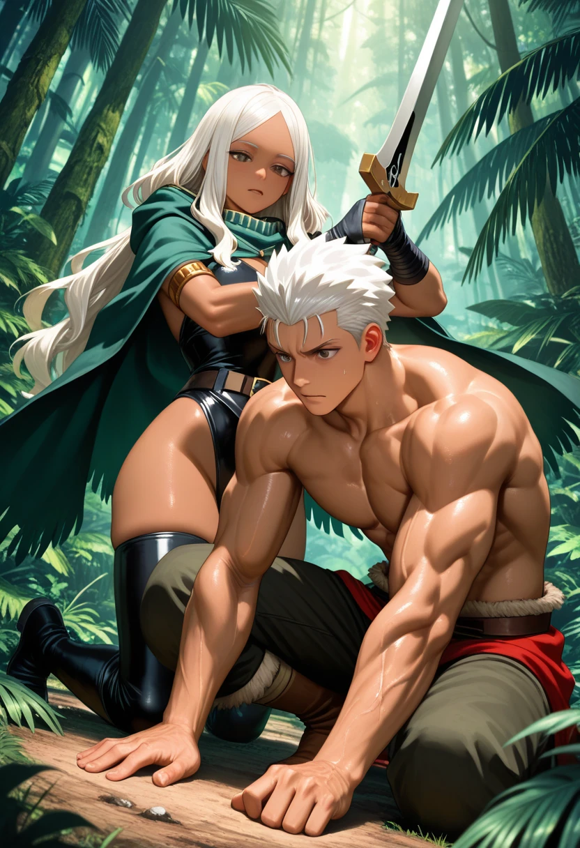 1 girl, beautiful, perfect lighting, muscular, thick thighs, mature woman, milf, navel, abdomen, (masterpiece, high quality: 1.1), anime waifu bodybuilder, beautiful face, debatalho face, extremely detailed eyes, knight character, green eyes, perfect body, fit body, looking at the sword, character holding a sword, abdomen, large breasts, muscular, ((hair) long and blonde), sarashi white breast, sarashi, underboob, breasts bandages, arm bandages (insanely detailed, beautiful detailed face, masterpiece, best quality), (looking disgusted), konosuba, character A2, (white and torn bandages on the arms and legs), image taken from above, camera away, image with focus on the sword, high quality, white light clothes, sweat splattering, character on guard with sword, knight's pose, sword with sharp blade with brightness, clear image, blue background, forest landscape, detailed image without errors