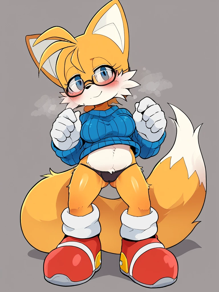 Masterpiece, best quality, male, cat boy, girly, femboy, tabby cat, tabby fur, loose shirt, long sleeve shirt, flannel shirt, no pants, pantsless, orange fur, thick thighs, wide hips, thick thighs, small breasts, sweat, sweaty, simple background, (((view from front))), (((from front))), thong, (((huge bulge))), red panties, uploaded to e621, (((by sssonic2)))