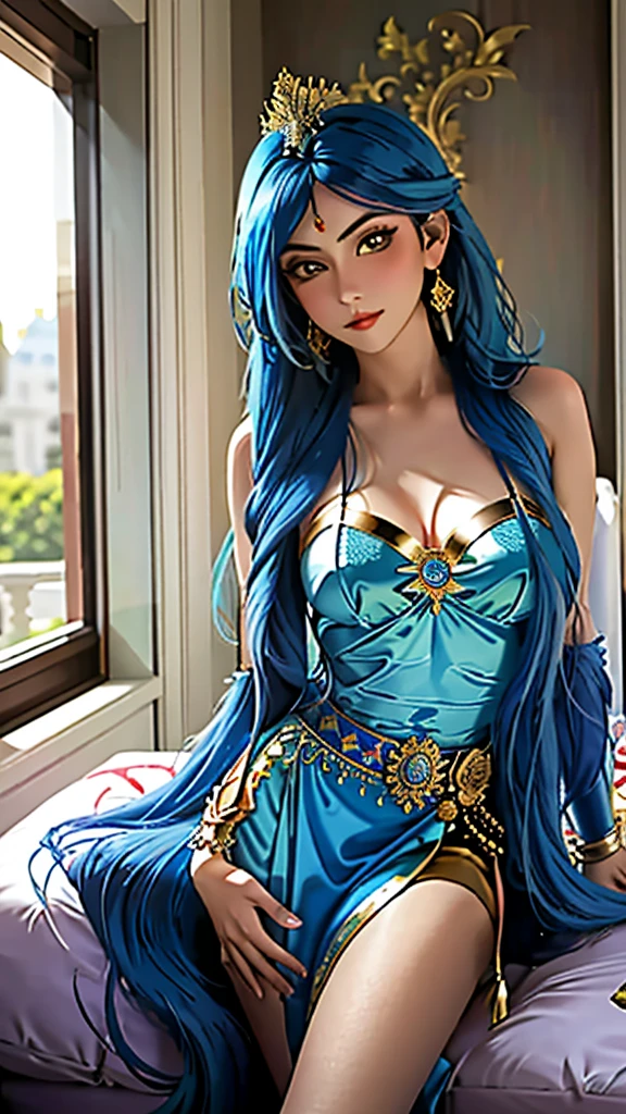 Woman alone with cyan blue hair,lingerie,smiling,perfect body,perfect face,nsfw:1.5,(complex details, makeup, PureErosFace_V1:0.5) (top quality, best quality, beautiful and aesthetic: 1.2, masterpiece, a realistic representation of the face), smile, UHD, super detail,((1 girl)))), (cut abdomen: 1.1), (perfect body: 1.1), (long wavy hair: 1.2), (extremely detailed CG 8k wallpaper),  (extremely delicate and beautiful), (masterpiece), (best quality: 1.0), (ultra high resolution: 1.0), beautiful lighting, perfect lighting, realistic shadows, [high resolution], detailed skin, super detailed (((color)))