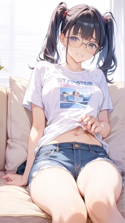 1girl, ultra high res, exposed tummy, shirt, shorts , hand on tummy, lays down on sofa