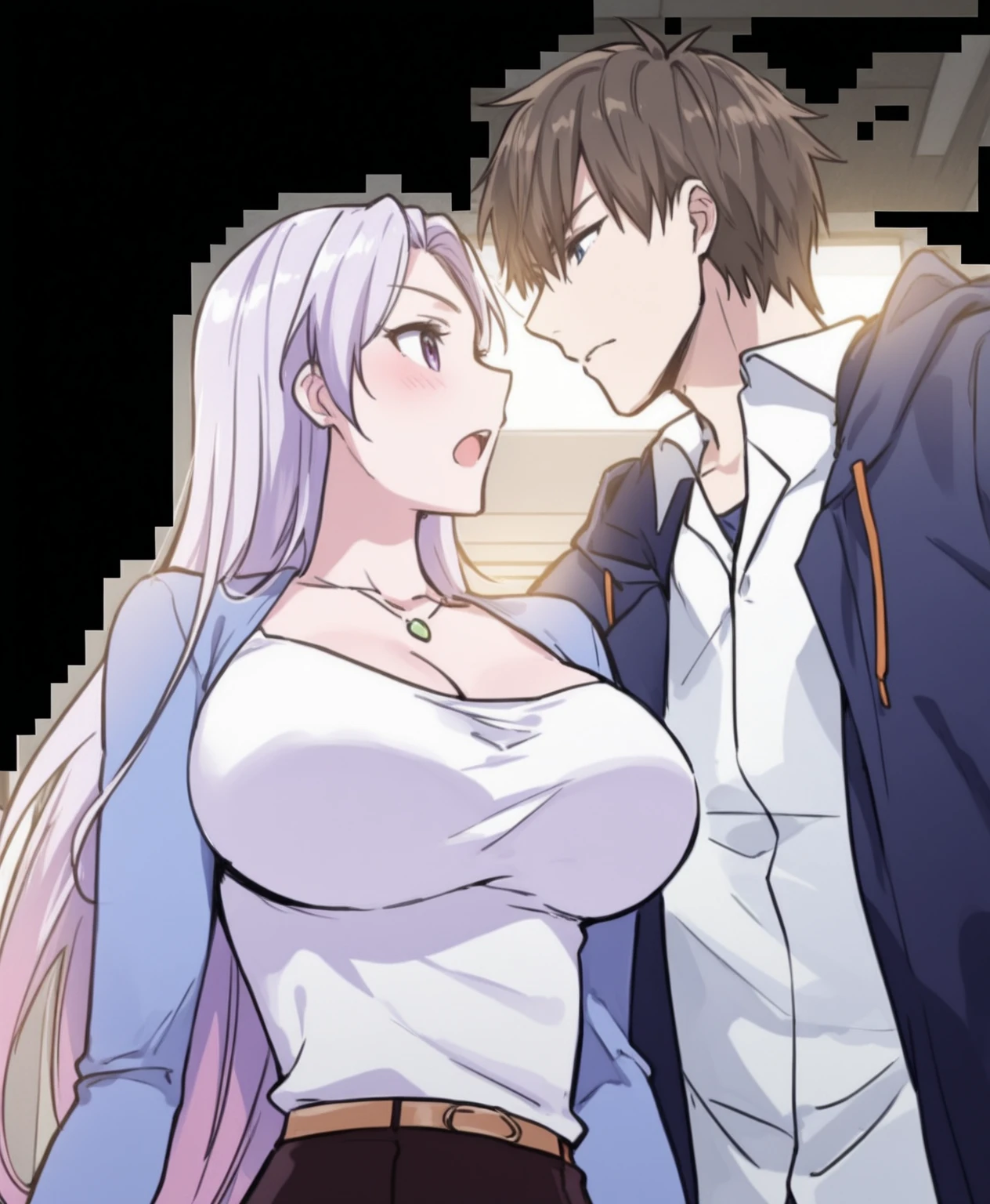 high quality、High resolution、High resolution、Inside a love hotel、One Black Woman（Woman having sex in side position）、??????? face、Swollen lower eyelids（1.9）、Drooping eyes（1.9）、Beige hair（The bangs are parted、long hair）、A close-up of the face from directly above、Purple knee-high socks、Purple high leg panties, drop earrings、Are fat（1.6）、Applying a thin lip、Glossy lips（1.9）、Wet（1.9）、trembling（Only  and ass），Climax（0.6）、Blue eyes、Saggy breasts（1.9），Big Tits（1.9）、Long chest（1.9）、Her breasts are bouncing up and down　　（Black man）、（Big penian having side-position sex with woman）