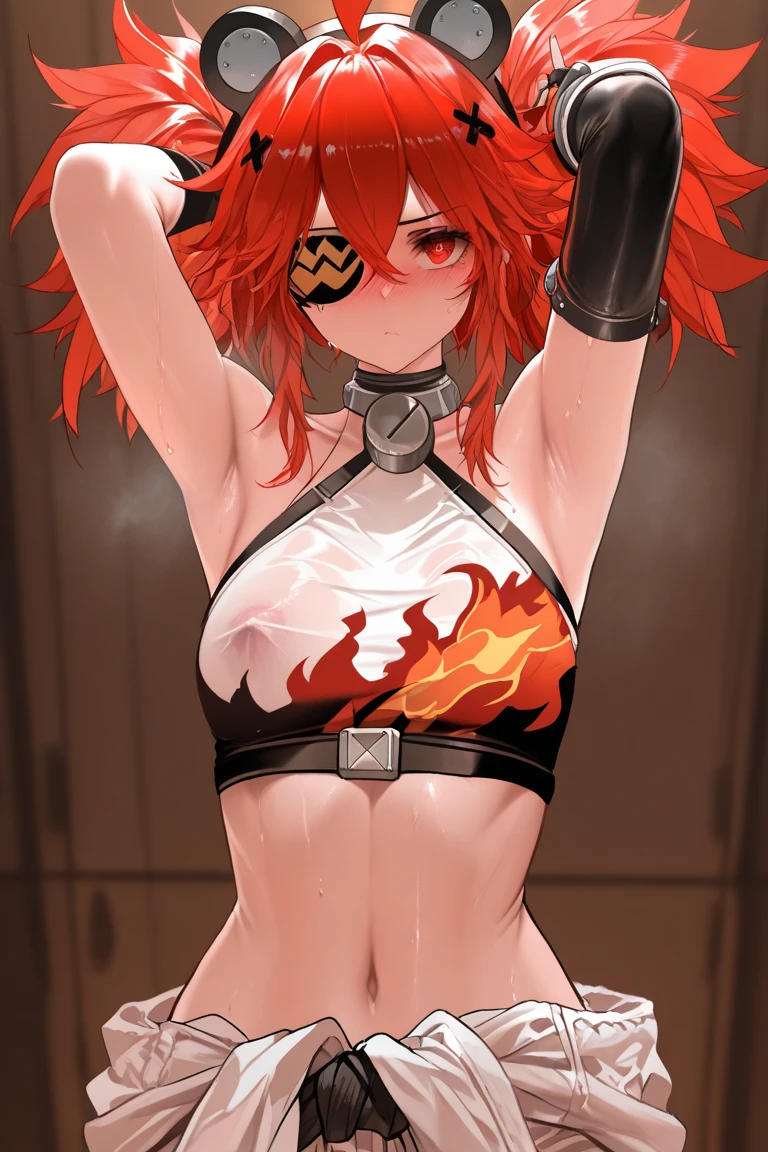 A stunningly realistic dark fantasy portrait of a tall, leggy red-haired woman with a chiseled abs, small waist, large emerald green eyes, and plump lips. She stands confidently, her body displayed in all its glory. The background is a mix of dark, brooding colors, with some ethereal elements, creating an atmospheric and mysterious setting. The overall tone of the image is a blend of beauty, power, and darkness., dark fantasy, portrait photography, painting