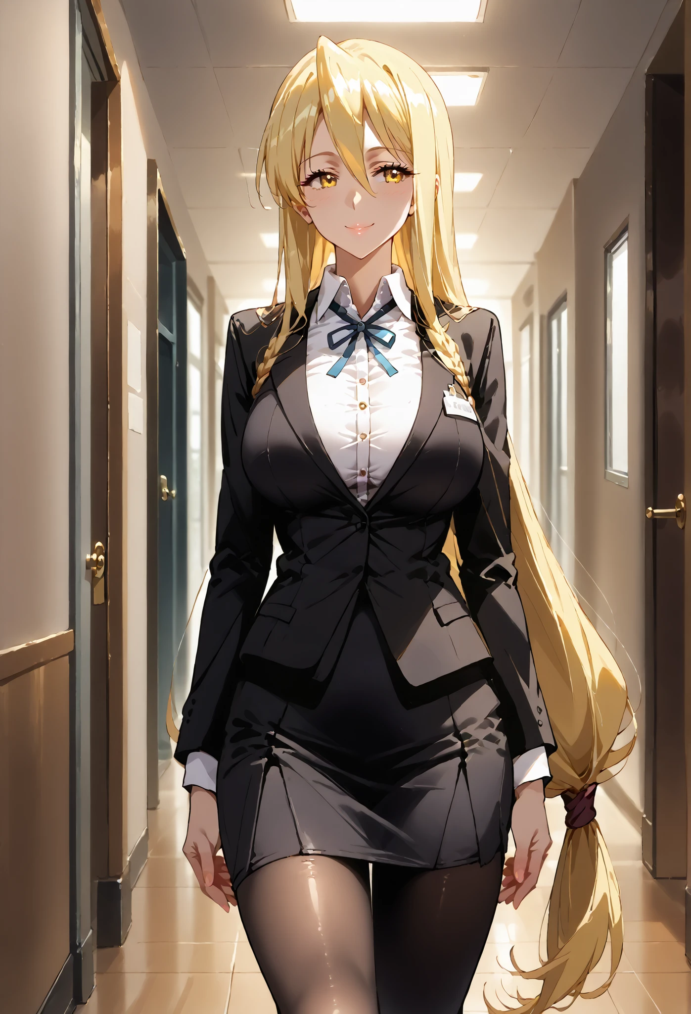 score_9, score_8_up, score_7_up, source_anime, 4K,perfect fingers,(perfect hands, perfect anatomy),prefect lighting, very aesthetic, intricate details,highly detailed background, masterpiece, high quality, best quality,
shizuka marikawa, long hair, blonde hair, very long hair, low-tied long hair, yellow eyes, hair between eyes, smile, large breasts, mature female,
wearing (( black business suit, (short skirt:1.2), tights, )),,
in profile view, (looking away), (walking down a hallway in a school/office building:1.1) ,