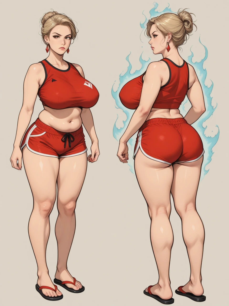 Fit babe, wide breasts, tiny tube-top, upper body turned towards viewer, side view, silk micro shorts, lower body turned to side, wide round ass, round ass cheeks, full body view, red heels, feet far apart, open legs, standing, looking at viewer, detailed eyes, detailed face, pouty red lips, 