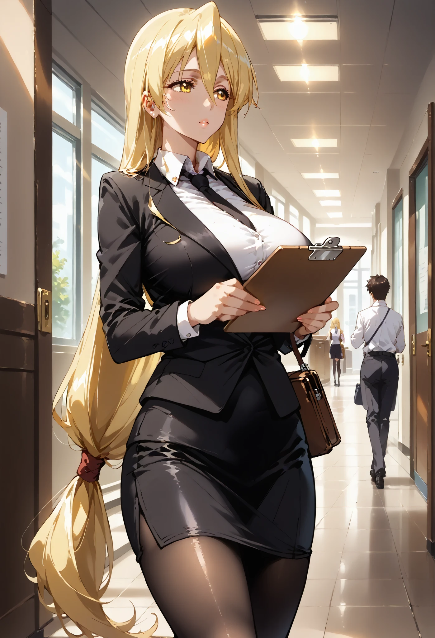 score_9, score_8_up, score_7_up, source_anime, 4K,perfect fingers,(perfect hands, perfect anatomy),prefect lighting, very aesthetic, intricate details,highly detailed background, masterpiece, high quality, best quality,
shizuka marikawa, long hair, blonde hair, very long hair, low-tied long hair, yellow eyes, hair between eyes, large breasts, mature female,
wearing (( black business suit, (short skirt:1.2), tights, )),,
in profile view, (looking away), (walking down a hallway in a school/office building:1.1) , (holding a clipboard:1.2),