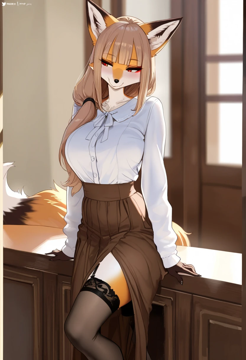 score_9, score_8_up, score_7_up, score_6_up, score_5_up, score_4_up, (two girls sitting on top of other), female anthro hyena, secretary clothes, skirt, high heels, lusty, fluffy body, long blond hair, turquoise eyes, (thick thighs:1.5)((( offering the breasts))) sex partial clothes, (((cleavage))) semi-butonned uniform niform, (barely_visible_booba)  , giant breasts, garter belt tights 