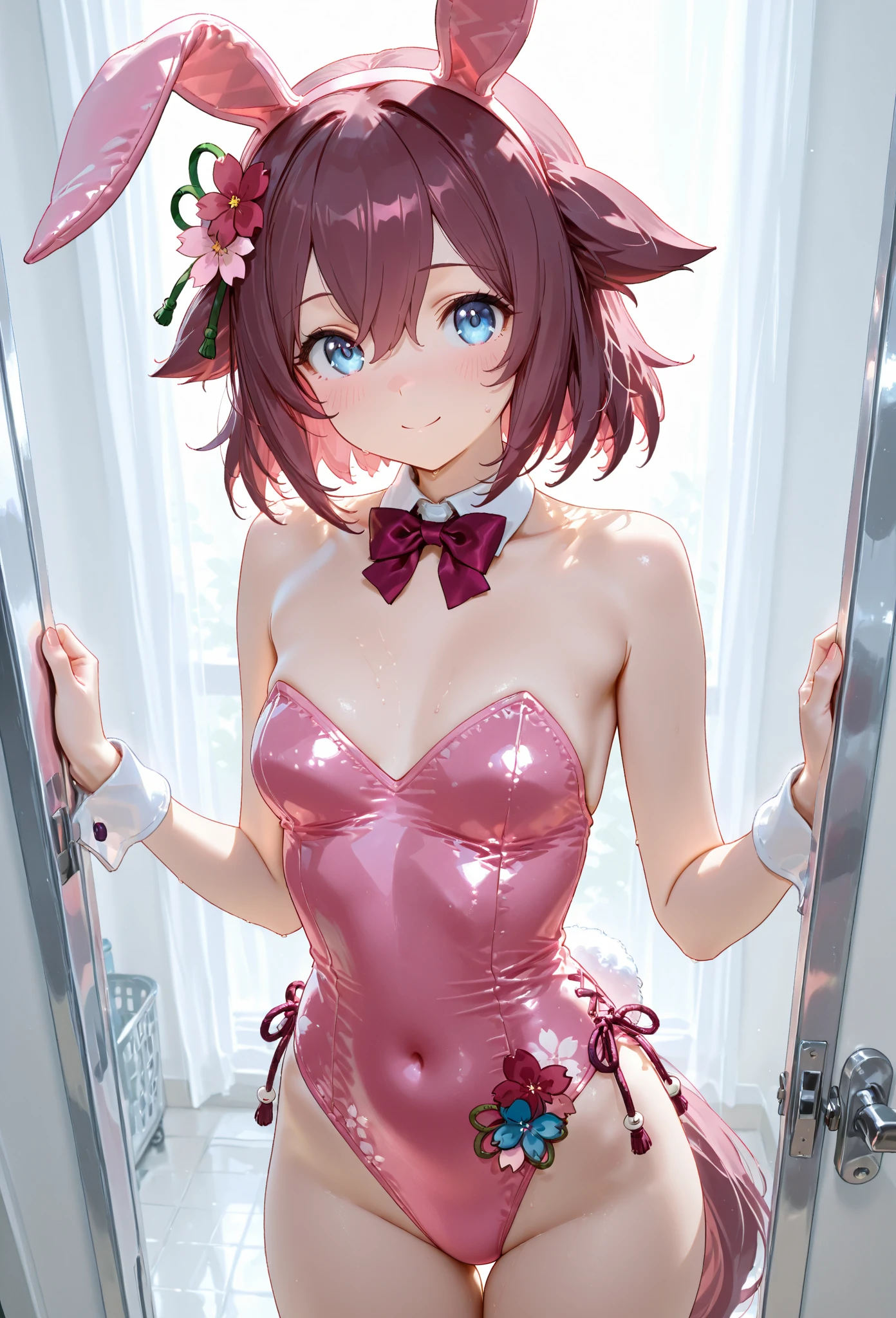 (Official Art、Highest quality、Unity 8k wallpaper、32k、masterpiece、Super detailed、Ultra-high resolution、Real、Photorealistic:1.2)、(Cinema Lighting:1.2)、Fire Glow Effect、Film Grain、Best Shadows、Rim Light、Side Light、(Highly detailed and complex 3D rendering)、細部までBeautiful Faceと目、Slender、Medium bust、(whole body:1.2)、Highly detailed background、(Highly detailed skin、Detailed skin texture:1.3)、(bar counter、Over the counter:1.4)、Nemo、Brown eyes、Black Hair、semi-long、White skin、前髪に緑のメッシュが入ったBlack Hairsemi-long、Glowing Skin、Beautiful Face、Pink Playboy Bunny Girl、 leotard、A bow tie、cuff、Wearing fishnet stockings、Pink rabbit ears、Riding on a rabbit's tail、、、Drink alcohol、With a cheerful smile、From the bottom angle、