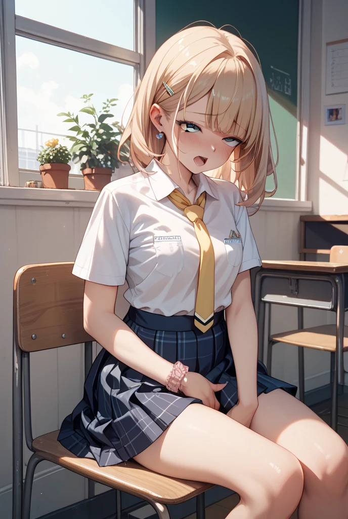 (名傌), ((Best Quality)), (Super Detail), 1 Girl, Blonde Straight Hair, Legs Open at School, Classroom, Desk, Blue Panties, Pubic Hair, Yellow Eyes, 15 Years Old, Skinny Legs, School Uniform, Skirt, Socks, Serafuk, Neckerchief, Sailor Color, Pleated Skirt, White Socks, Black Skirt, Short Sleeves, Shirt, White Shirt, Black Sailor Color, Blue Neckerchief, Wicked Smile, Bangs, Small Breasts, Cleavage, Perfect Hands, Hand Detail, Fixed Fingers, looking_al_Viewer, Top Quality, Rich Detail, Perfect Image Quality,