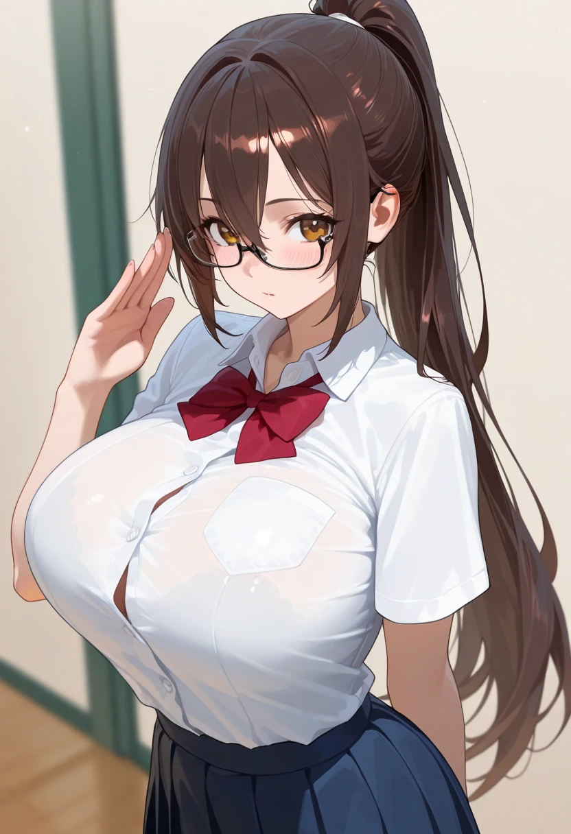 masterpiece, best quality, realistic, photorealistic, great lighting, ultra-detailed, dynamic angle, masterpiece, perfect face, (bright lighting:1.2),beautiful detailed eyes, extremely detailed face, perfect lighting,
look up from below, squatting, classroom, bed,
1girl, {hair (darkbrown)},
high school uniform, pleated skirt, stockings, glasses, sweaty, wet body, navel out, thighs out, buttocks, large breast, slim, slender, translucent, Embarrassed expression, blush,
covered, ((panties, cameltoe)),