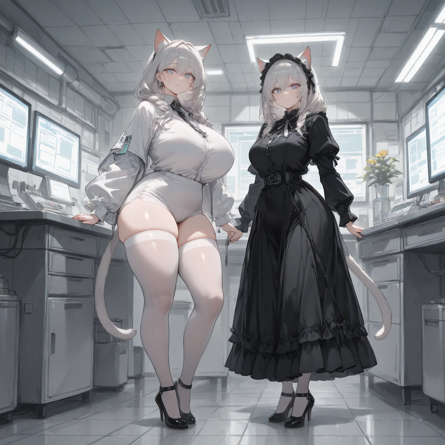 Absurd resolution,high resolution,(masterpiece: 1.4),hyper-detail,fullbody shot head to toe,full frontal camera perspective,solo,shorter,standing straight up,kemono feline cat gynomorph, big dick, big penis bulge, puffy inverted nipple silhouette,no skin other than neck and head shown,utility suit,black hair,messy ponytail,cute face,detailed soft grey luminous eyes,huge massive hyper super swollen heavy breasts,breasts so big that cover her whole torso and are bigger than her head while being so big they reach her belly button,extremely super large swollen perky heavy bust,super huge enormously gigantic tits,gigantic breasts stretching/straining out of her outfit looking like they are about to burst out,breasts compressed squishing barely contained in outfit,inflated breasts,breasts_expansion,super gigantic swollen heavy tits,wide full hips,narrower torso and shoulders,smaller torso,narrower waist,full thicc big soft thighs,thicc big full thighs,big rounded full soft butt,thicc butt,ruggedized utility styled outfit,fully insulated suit,full body outfit coverage with no skin showing or revealed,airtight/watertight zippers and seals,scifi monochrome black and grey fullbody covering protective padding rugged loose-fitted pilot utility suit with strategically placed protective padding,white zipped utility cropped top for breasts support with a black strap horizontal across cleavage worn on top of suit,tactical strategic angular-patterned protective padding on hips and thighs and abdomen,practical/functional clothing,weather-proof durable clothing material,nylon clothing material,custom made clothing to fit and support large breasts,scifi padded rugged rigid high collar cropped cutout fitted techwear jacket,armored high collar,white and black triangular decals and techwear iconography on apparel and clothing,techwear gloves,ruggedized tech,ruggedized tech aesthetic,fitted utility pants,utility chaps,near future scifi,cyberpunk aesthetic,anime aesthetic,tactical aesthetic