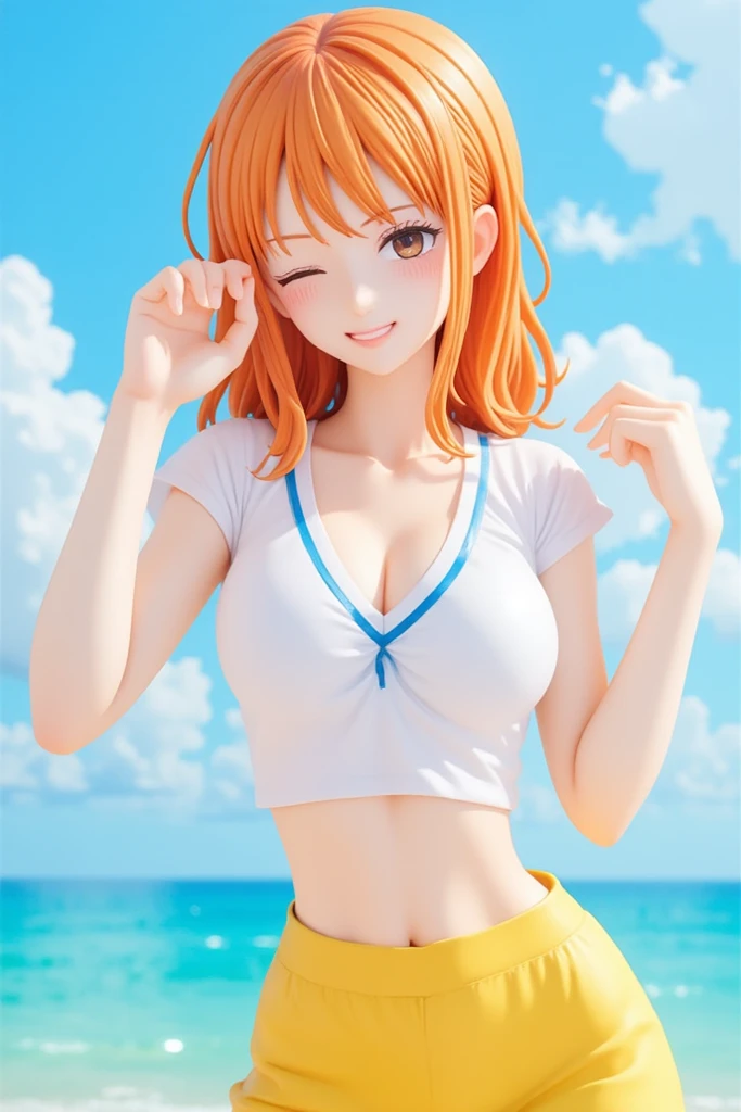 (((masterpiece+best quality+high resolution+ultra-detailed))), kousaka honoka,1girl with clima-tact, high nose, sharp eyes, noble and inviolable temperament, (([female]: 1.2 + [beauty]: 1.2 + orange hair: 1.2)), pirate ship background, blue sky, clouds, log pose, gold bracelets, revealing yellow bikini halter top, tight low-rider white jeans, shoulder tattoo, bright blue eyes, dynamic angle and posture.