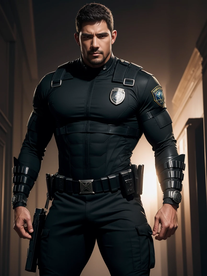 Portray an enterprise security officer, in the teleportation room, with new generation uniform, huge bulge, in tom of finland style drawing 