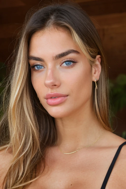 "A young 19-year-old woman named Lila Nakamura with a Northern European heritage. She has thick dark black eyeliner, glossy lips, and a cute, endearing expression. She has straight, blonde hair with blonde highlights that falls just past her shoulders, styled in a neat and polished manner. Her eyes are almond-shaped with a light, striking blue color, accentuated by subtle eyeshadow and mascara. Her skin has a light tone with a natural, fresh look, and she has a few delicate freckles across her nose. She is wearing a simple, professional outfit, consisting of a white blouse and dark jeans, and accessorized with small gold hoop earrings. The background is a neutral studio setting with soft lighting to highlight her features."