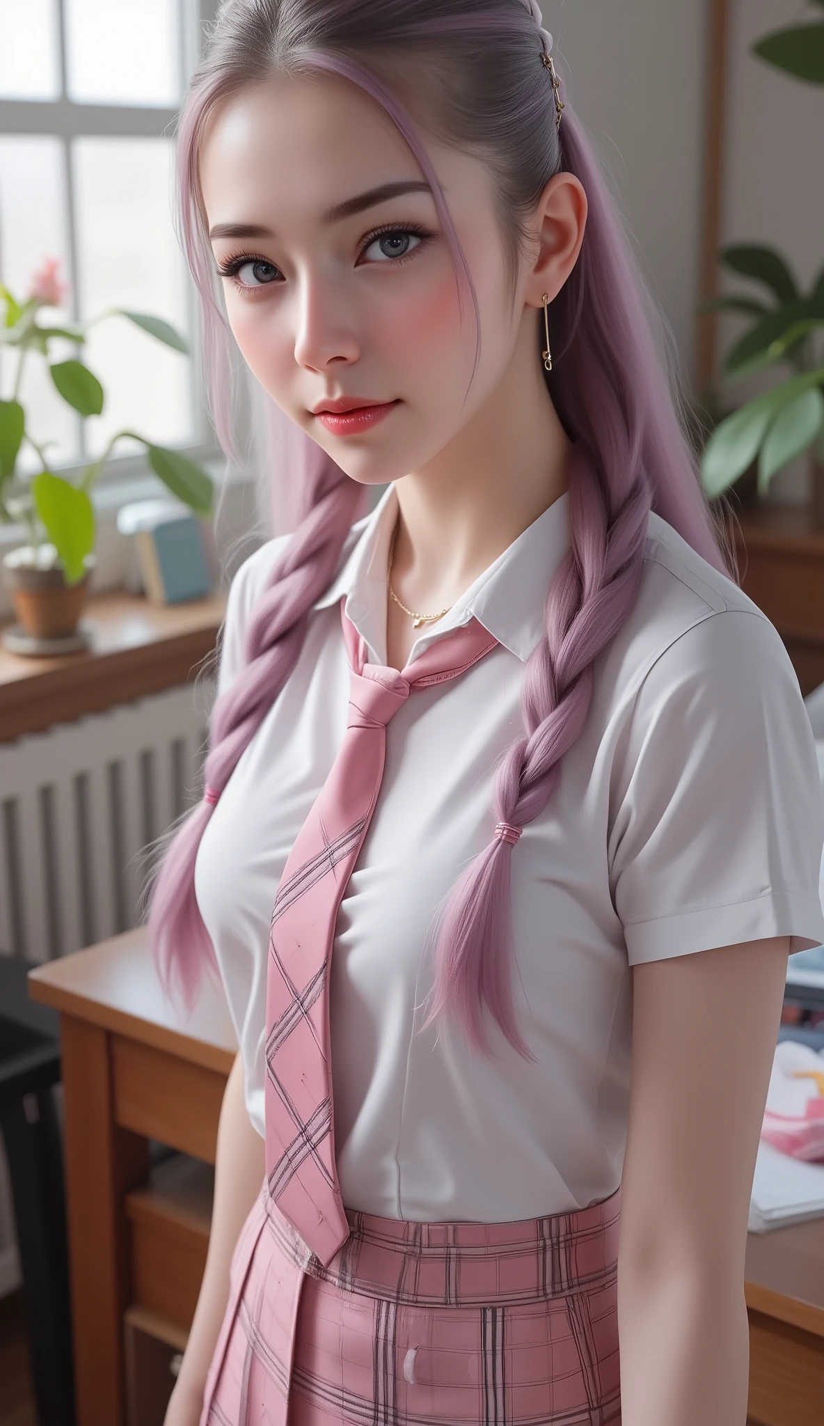 i CINEMTIC FULL BODY PICTURE OF 1girl, sexy CUTE Cumface girl, braids, cute face, gorgeous, ((skinny anorexic body)), (body heigth:177cm), cute, pretty face, pale skin, pink staright braid hair, hairpins, hairclips, blue eyes, full shiny lips, big lips, thick lips, parted lips, light pink lipgloss, mascara, skinny thighs , skinny, busty, big head, innocent look, young face, pink long nails, choker, hd feet and 25 INCH PLATFORM HIGH HEELS heels, large ((hoop earrings, college girl (Purple straight long ponytail hair, Princess Updo, HairClips, Hair Ornaments, perfect glowing pink-purple eyes) in uniform, (pink plaid pleated skirt), (see-through white unbuttoned blouse), (pink tie), (thigh high socks))), black patent high heels, sweaty, cumface woman with lots of white, sticky, wet, dripping whitectransucent cum all over here face), Cum all over here hair and body, white translucent cum is dripping down cumshot, lots of sticky cum, (lots of cum is dripping down on there and bodyShe is standing in here Pink, turqouse and mint green girl bedroom ((holding a paper sighn with the text "Fuck me Daddy")), ((text on sighn "Fuck me Brother")), standing in here room, perfect eyes, highly detailed beautiful expressive eyes, detailed eyes, 35mm photograph, film, bokeh, professional, 4k, highly detailed dynamic lighting, photorealistic, 8k, raw, rich, intricate details, braids