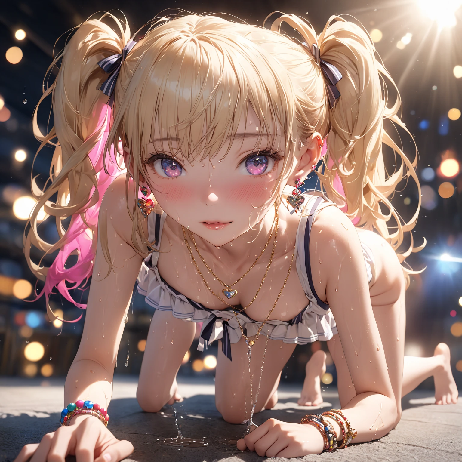 8k, ray tracing, vibrant colors, very embarrassed girl, illya, slim figure, masterpiece, sharp focus, best quality, depth of field, cinematic lighting, wearing a very detailed see-through white summer dress, ((condom belt, condom_hair_ornament, very embarrassed, blushing)), elbow gloves, perfect eyes, perfect hair, rich in details and textures, Masterpiece, best quality, Anime girl illya white hair very long messy hair, twintails, red eyes, long eyelashes, very marked cameltoe, pink make up and pink eyeshadow make up, huge breasts, beautiful woman, sunshine, beach, illya, see-through white summer dress, bridal garter, very erect nipples, big silicone implants, big silicone , chiaroscuro, (perfect hands:0.7, neat hands:0.7), ((((professional photography)))), ((Dreamcore)), full body