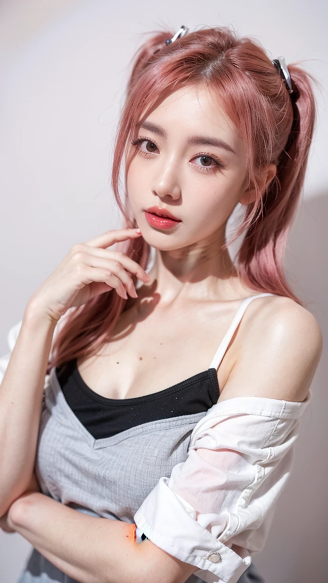 21yo girl, pink hair, (twintail Hair). Bitting her lower lip while closing her eye,Wearing white oversize t-shirt,, show shoulders, cleavage, show big thigh, natural big brseast,hands holding breasts,plumpy body, doggy pose