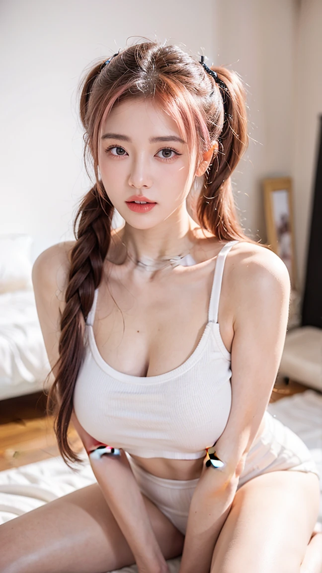 21yo girl, red hair, (twintail Hair). Bitting her lower lip while closing her eye,Wearing yellow oversize t-shirt,, show shoulders, cleavage, show big thigh, natural big brseast,hands holding breasts,plumpy body, standing