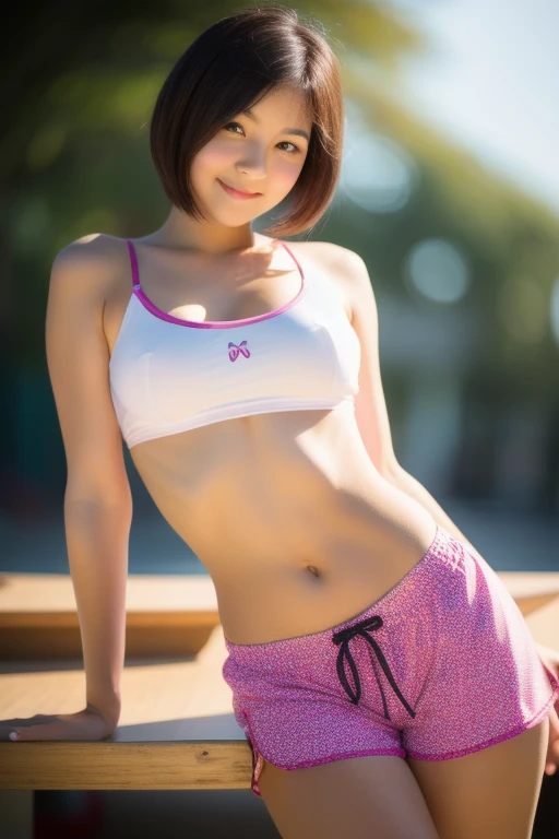 It's photorealistic, high resolution, 1 woman, hip up, beautiful eyes, bob cut hair, ring eyes, blonde hair, Jewelry is, Yui Takamura, Track and field uniform, Crouching, spread legs,camel's toe