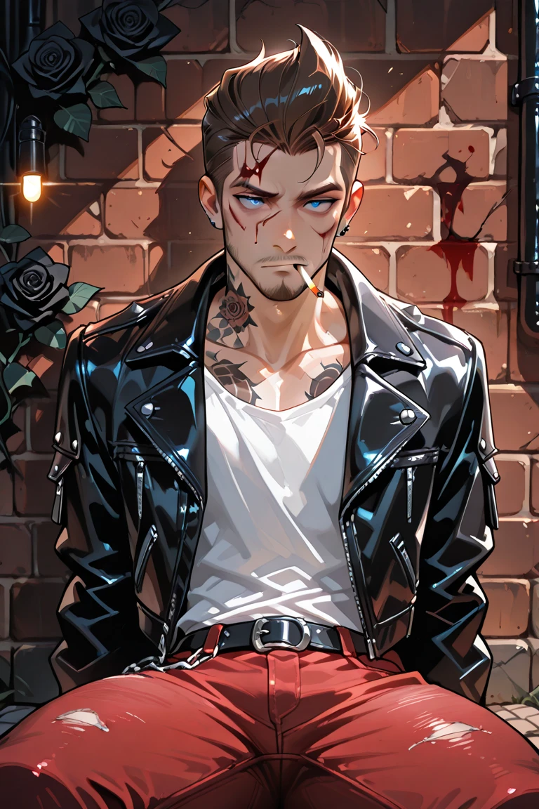 (masterpiece),(A high resolution),(high quality),((detailed crop portrait)) young boy, ((thin build)), thin, atrophic, (a lot of tattoos on the neck), Rebel, completely black neck, earrings, Cold face, stern look, tattoo on arms, clogged, white T-shirt and black jeans with chains and scuffs, sleeve tattoos, Gloomy atmosphere, dark chin length hair, looks very stylish, Punk style, dark background, Abandoned building, Unfinished building, graffiti, rebellious , Gloomy atmosphere, простой dark background, night, cold lighting,
