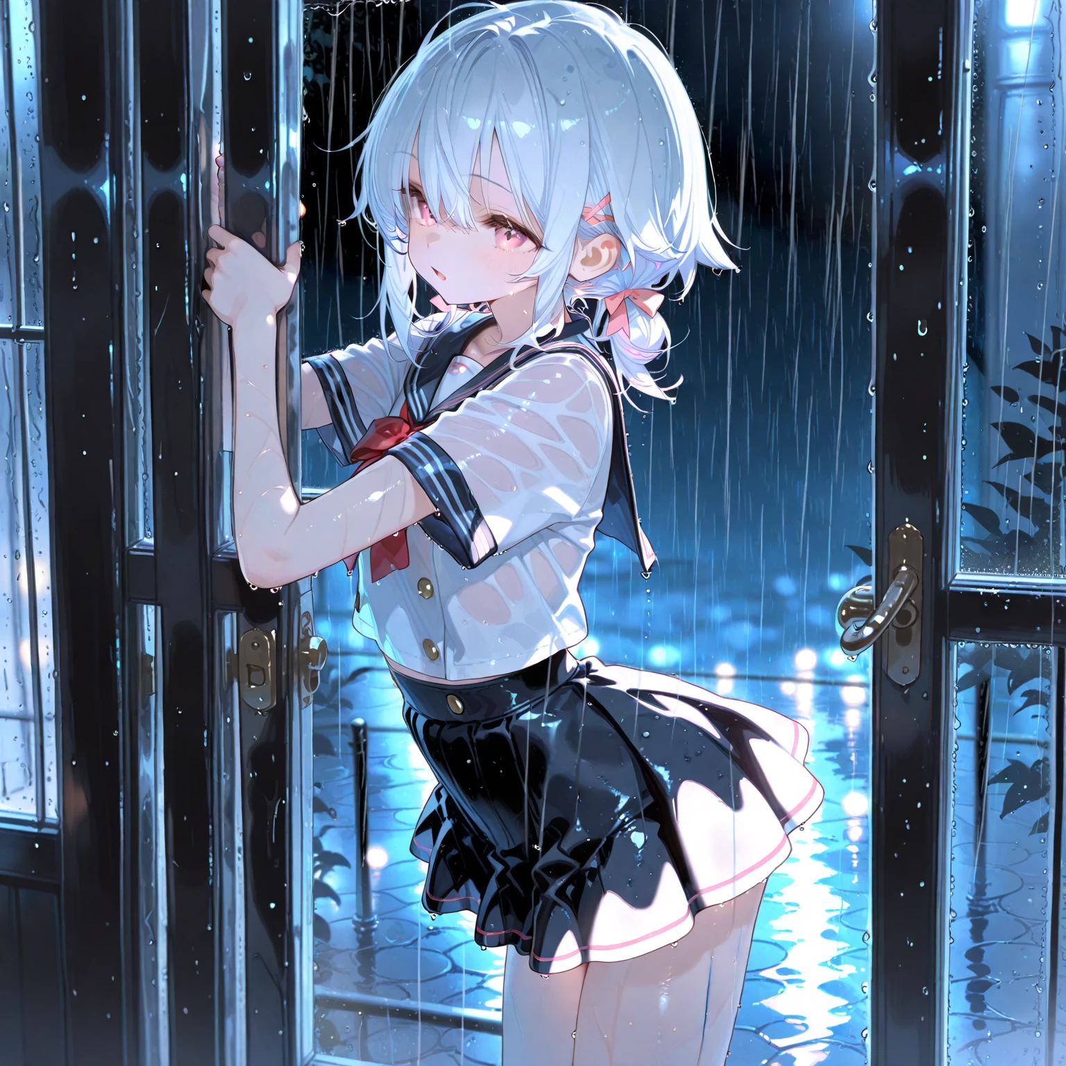 absurdres, highres, ultra detailed, extremely detailed CG unity 8k wallpaper, realistic, photo-realistic, RAW photo, beautiful detailed face, pale skin, realistic glistening skin, detailed cloth texture, detailed hair texture,
BREAK
1girl, thigh, school ground, wet hair, hand between legs, white hair, (sexy), backlighitng, wet, rain, black_serafuku, long sleeve, black_skirt, neckerchief, pleated_skirt, school_uniform, serafuku, skirt, blue green eyes,