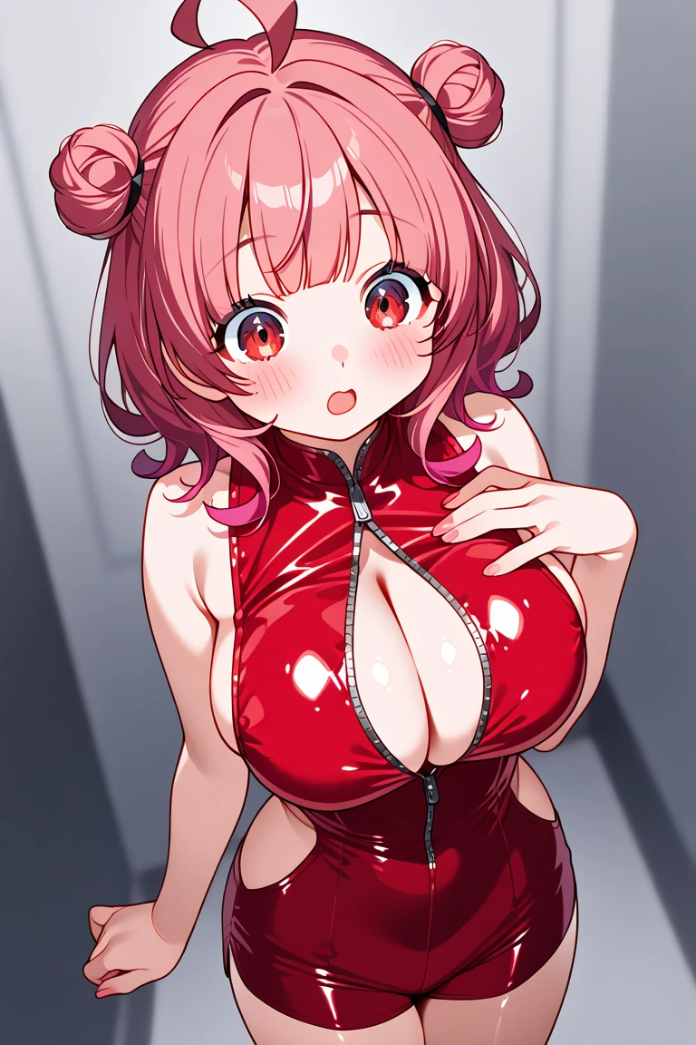 pelo color rosa, pelo color rosa intenso, pink hair color, pink hair, cabello rosado, ojos azules intenso, ojos color azul, intense blue eyes, electric blue eyes, color de ojos azules, labios enormes, labios hinchados, double ponytails hairstyle, double ponytails, big horns, succubus, sucubo, demon girl, pechos grandes, pechos enormes, Figura de reloj de arena, (cintura estrecha), confianza, superioridad, Palo de golf, malcriado, bully, muslos gruesos, pendientes, arriba, diafragma, Bermudas, sonrisa, medio plano, evil sonrisa, cara de gemido, grande , from the Frente, in dungeon (fire, castle, dungeon, chains, slaves), pechos grandes, caderas grandes, Front, from the front, red skin, devil tail, skin texture color red, red coloured skin, devil skin color, gal, japanese gal, in latex suit, black shiny latex