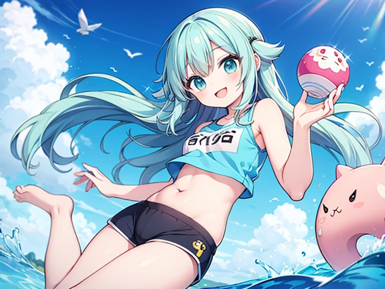 There is a woman in a bikini holding a ball on the beach, Pose(Arms up + cheerfulness), Rem Rezero, Pisif Contest Champion, Rei Ayanami, Pisif, ayanami, at pixiv, cirno, 2 d anime style, rimuru, Loli, 2D art, 2 d art, Pisif style, cheerfulness!!!