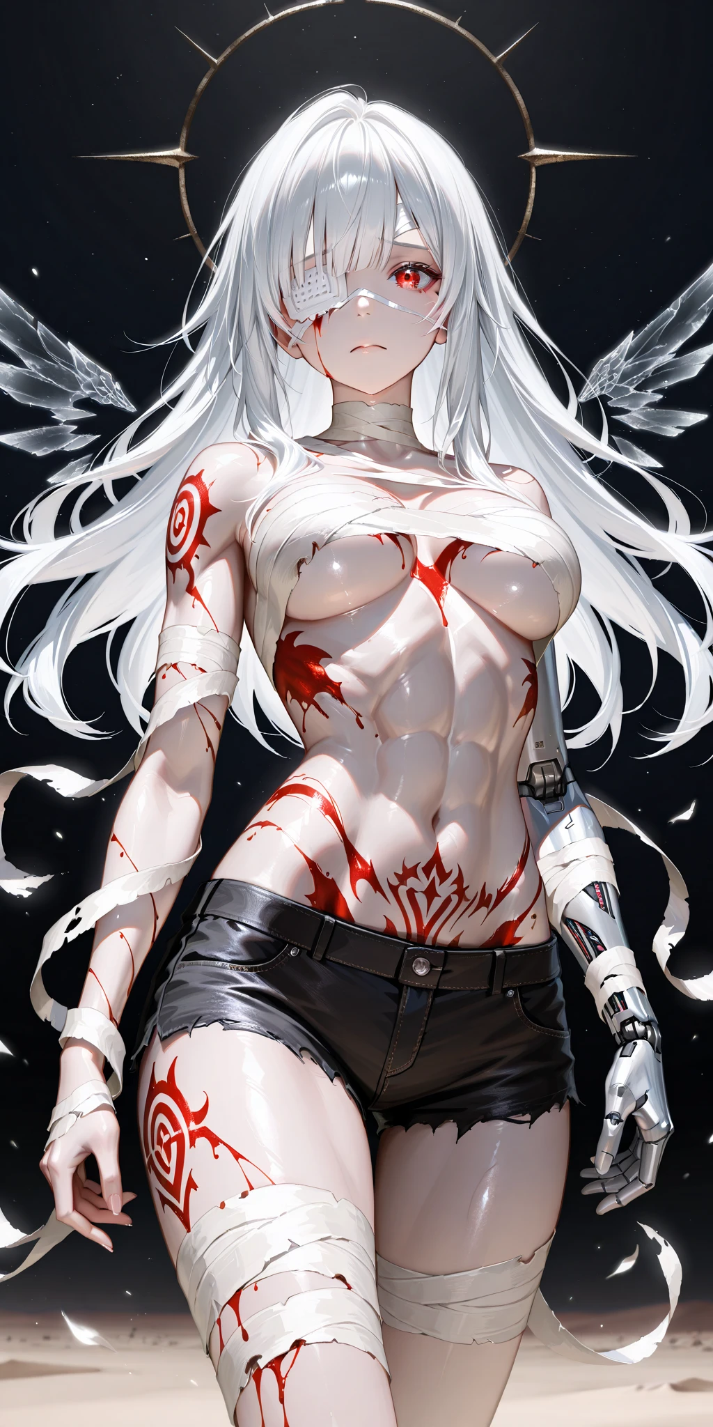 (Ashenhardt style:1.4), Masterpiece, Best quality, High quality,(Red eyes with dark red glow), (in profile), Abstraction, Deep Sea, Award-winning photography, Depth of field, HDR, Very detailed, Trending in art station, Trending in CGsociety, Complex, High detail,(Masterpiece: 1.2, highest quality), (Best lighting, very delicate and beautiful), (Best lighting, Very delicate and beautiful), (beautiful detailed face), (detailed eyes and detailed face:1.2), dark fantasy, (young girl, 1girl, solo, crazy smile, pale skin,G cup,cleavage,19 piercings,((tattoo all over body,tribal tattoo all over foot)) gray hair, red glowing eyes, dynamic angle, vampire), ((back art paint on the ground, pointy_ears, fangs, blood on face, blood rain, blood mist, (depth of field),high contrast,(blood splash:1.4),cowboy shot,full body, colorful poses,((Uniform,Blazer,Ruffled miniskirt,Light colored panties:1)),Cowboy shot,Denim jacket,