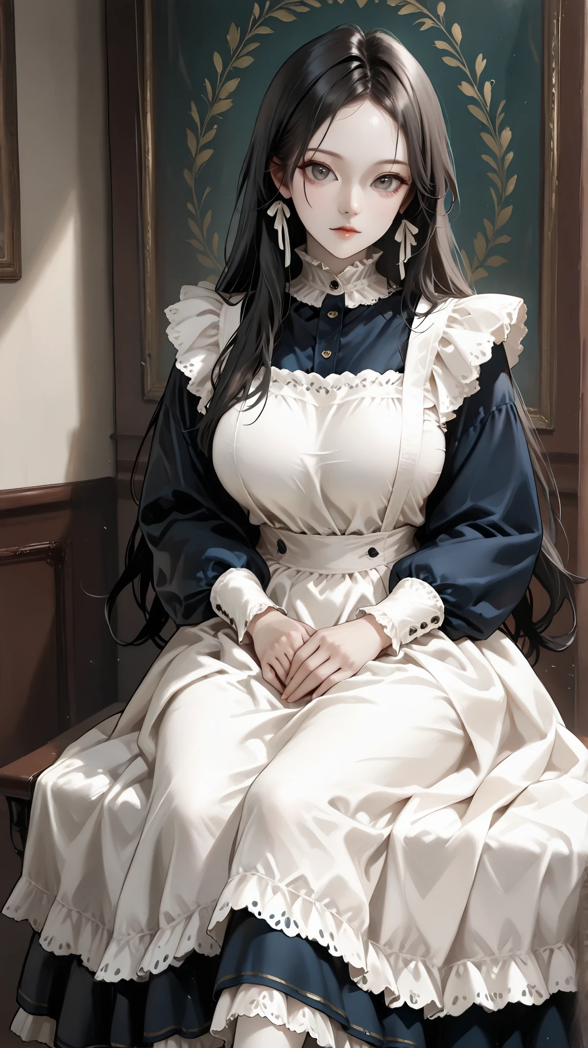 very aesthetic, 걸작, 고해상도, 8k 해상도, high contrast, (semi-realistic), newest, koreanai, best_quality, finely_detailed_eyes_and_detailed_face, (1 girl), solo, long_hair, black_hair,(no bangs, forehead, floating), pale_skin,tall_height, tousled_hair, gray_eyes, huge_breasts, BREAK, victorianstyle, blue_dress, white_apron, puffed_sleeves, victorian_maid_outfit, frilled_collar, knee_high_socks, classic_ta_style, alice_inspired_dress, BREAK, looking_at_viewer, BREAK, seated_pose, one_leg_over_another, relaxed_posture, hands_on_lap, elegant_sitting_pose, leaned_back, centered_composition, eye_level_view, full_body_focus, oil_painting_style, baroque_background