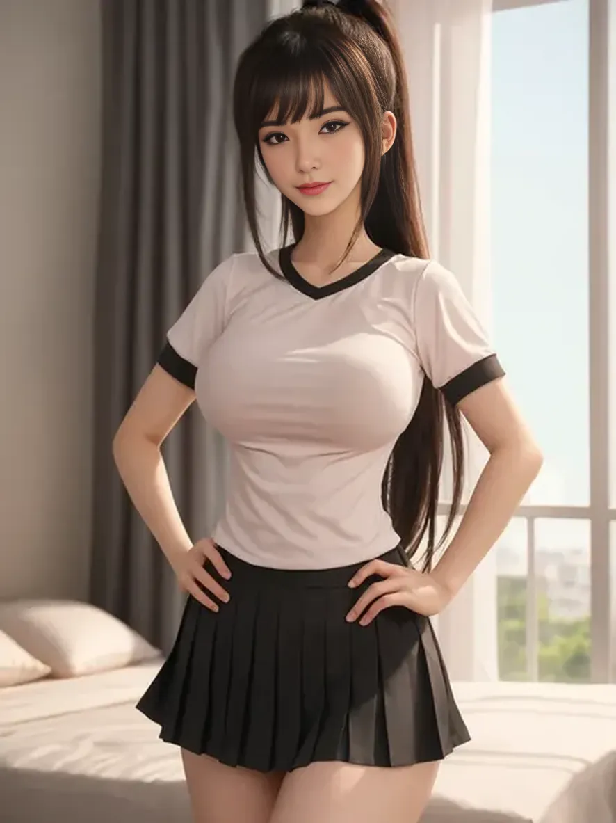An anime girl with huge breasts lifts her skirt