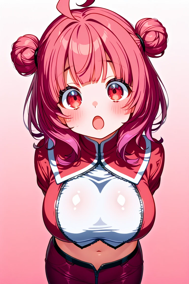(1girl in, hight resolution,, Very detailed, full of details),cleavage of the breast,facing front,perspiring,red blush,Dynamic Poses,fight,nsfw,Brown hair,poneyTail,bow ribbon