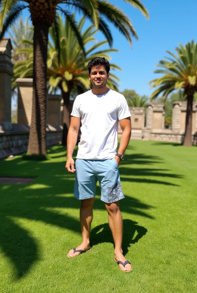 <lora:fmounshed-14:0.8> photo of fmounshed, posing, wearing a keffiyeh and fitted (denim:0.5) shorts and well-fitted stringer tank top and sandals BREAK soft dappled sunlight BREAK ancient Mesopotamian garden, adjoining majestic ziggurat, verdant oasis, blue lapis lazuli flowers, red poppies, lush green date palms and ferns, sun-baked bricks