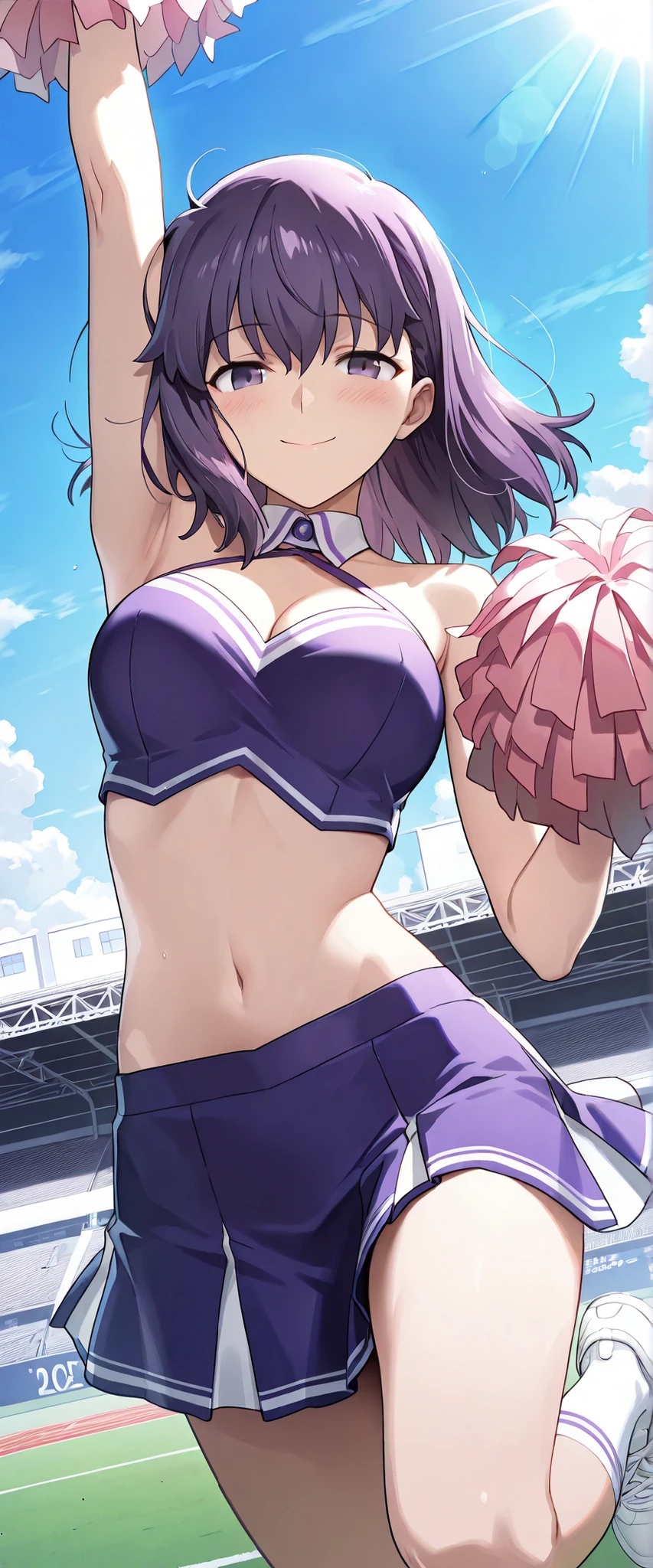 1 woman, sakura matou, dutch angle, purple hair, purple eyes, seductive cheerleader outfit, outdoors, jumping, cheerful smile, masterpiece, high quality, highly detailed