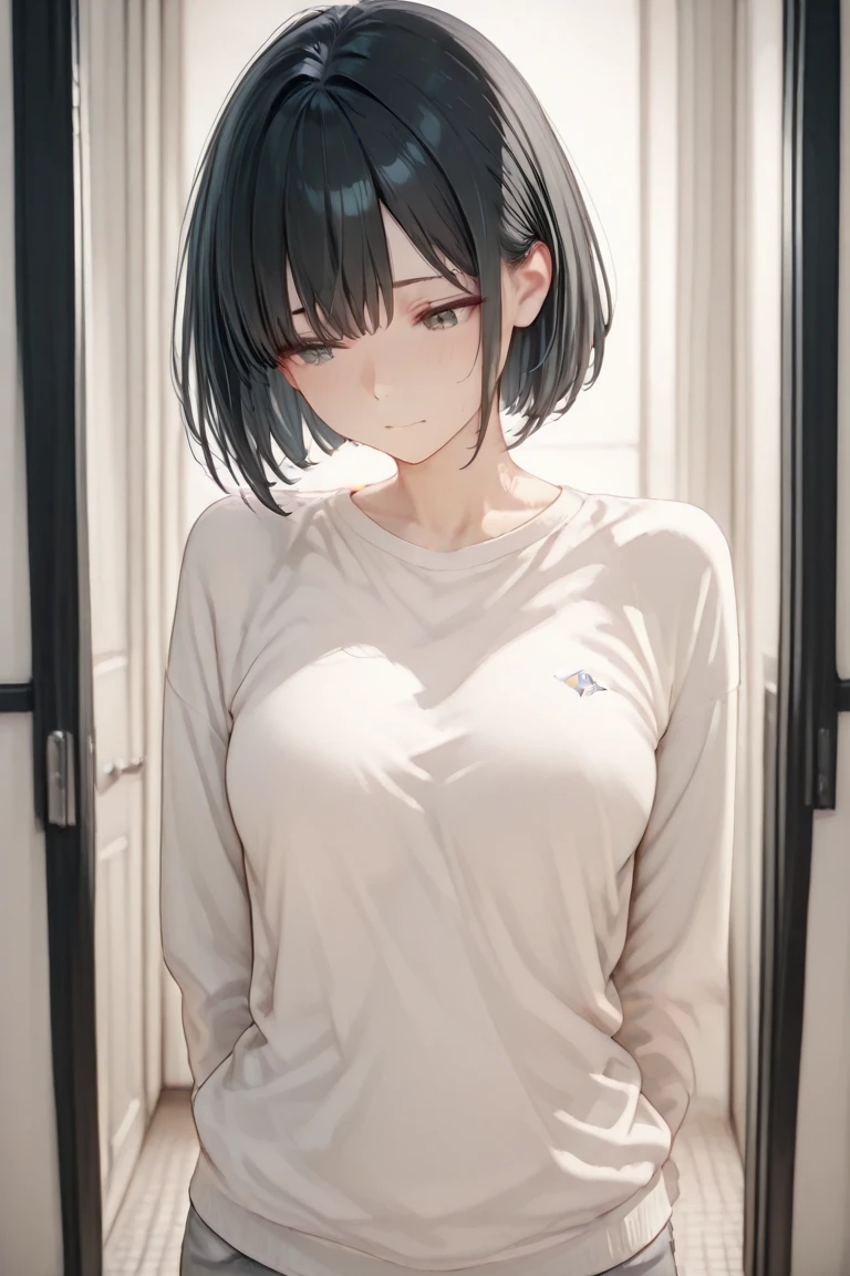 Bobcut、Black-haired 、Gym changing rooms、Changing clothes、In underwear、indoor、White panties