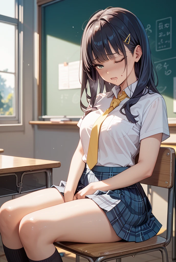 Hoshino Ichika,Project Sekai,project sekai,One girl,feel ashamed,high school girl,Blue-black hair,black eye,beautiful girl,long hair,School,White shirt,Blue tie,skirt,Sitting in a chair,Watching the audience,Spread your legs,Light blue pants,nsfw,