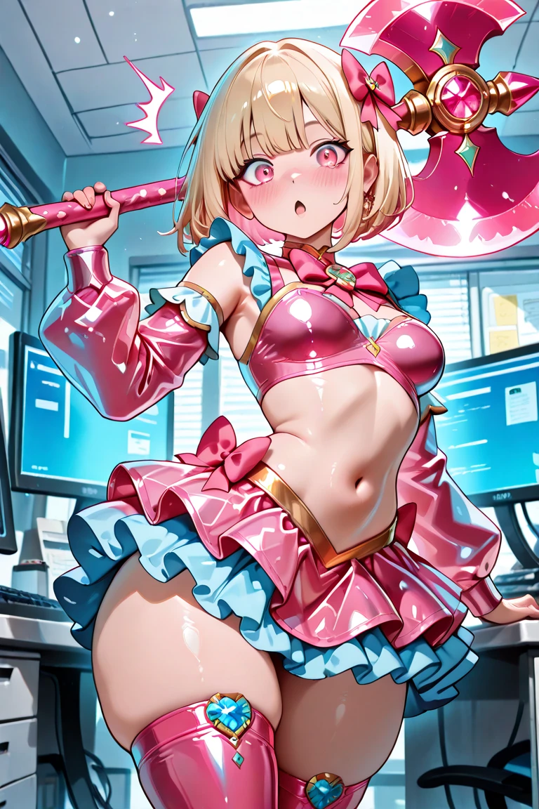 (masterpiece), best quality, expressive eyes, perfect face, Sexy female, (((bimbo))), blonde hair, blue eyes, huge breasts, huge butt, full body, seductive, ((1girl)), pink high heels, ((((bully)))), (school background), front facing, (spoiled brat), (pink outfit)