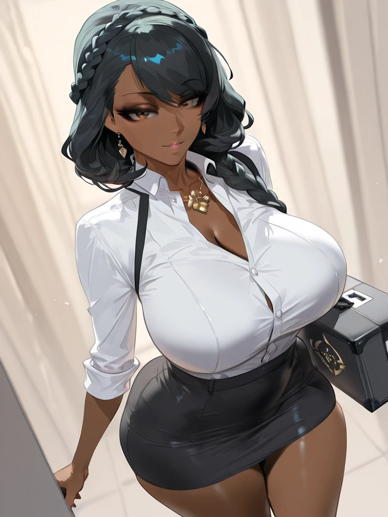 ((highest quality)), (tmasterpiece,A high resolution,best qualtiy:1.2),8K, (detailed), Perfect Face,bob hair ,blunt bangs,dark skin, breasts, cleavage, black shirt, jeans, cowboy shot, indoors,No expression,forehead,