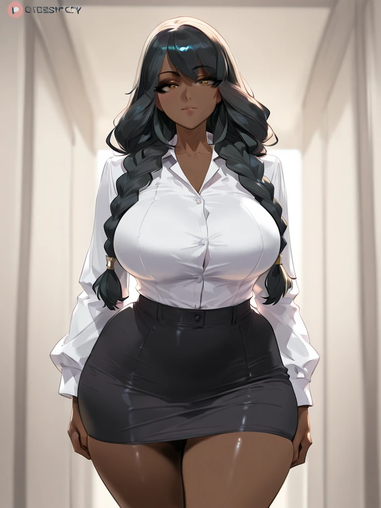 (Female1),(dark skin color:1+5.Female1),(dark skin color:1.5),(voluptuous breasts:1.5),(curvy body),(slender slim body),(big ass),(3 young woman with attractive and mature body),(super mature and sexual body),(long purple hair and purple eyes),(Wearing),+,(a black women's blazer tightens wearing white blouse inside With the gates of the black blazer and blouse open showing the piggy bank of her breasts and a straight pencil skirt tightens that highlights her big sexy ass)