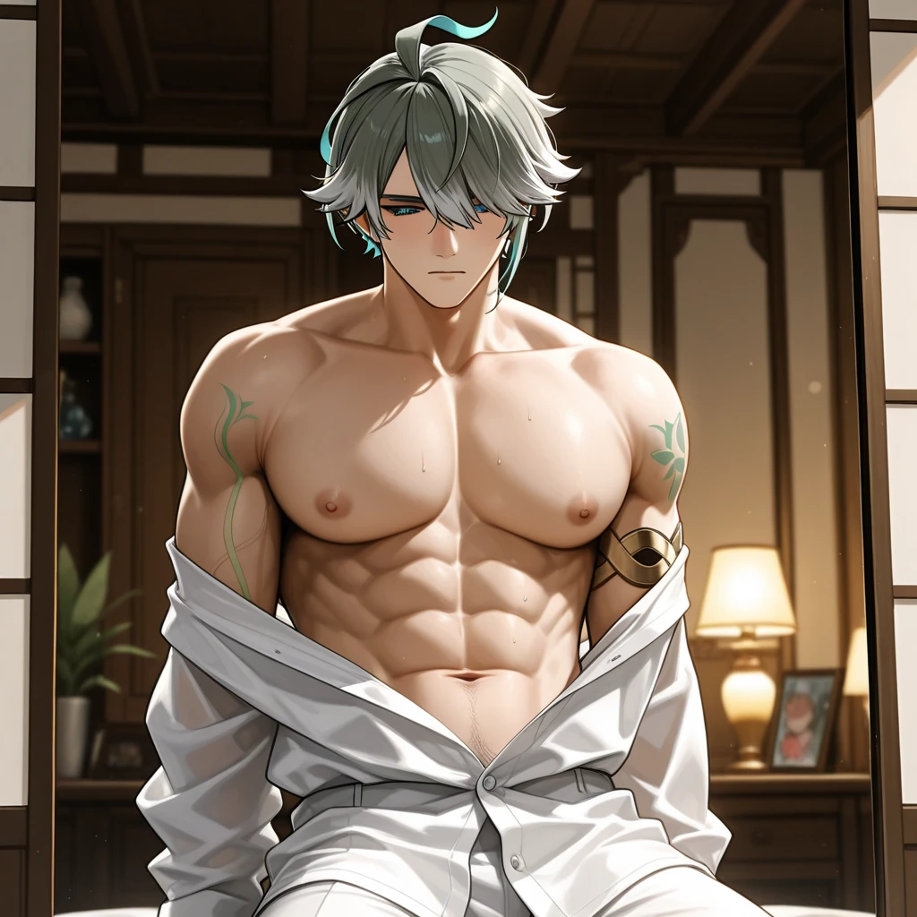 A muscular white wolf with long white hair, purple iris eyes, and Defined body, wearing only the lower parts of a kimono Pants  and no shirt after training, in an outdoor scene with a soft expression on his face in daylight, (best quality, 8k, highres, masterpiece:1.2), ultra-detailed, detailed eyes, detailed lips, extremely detailed face, long eyelashes, fantasy, magical realism, dramatic lighting, cinematic composition, muted colors, bokeh